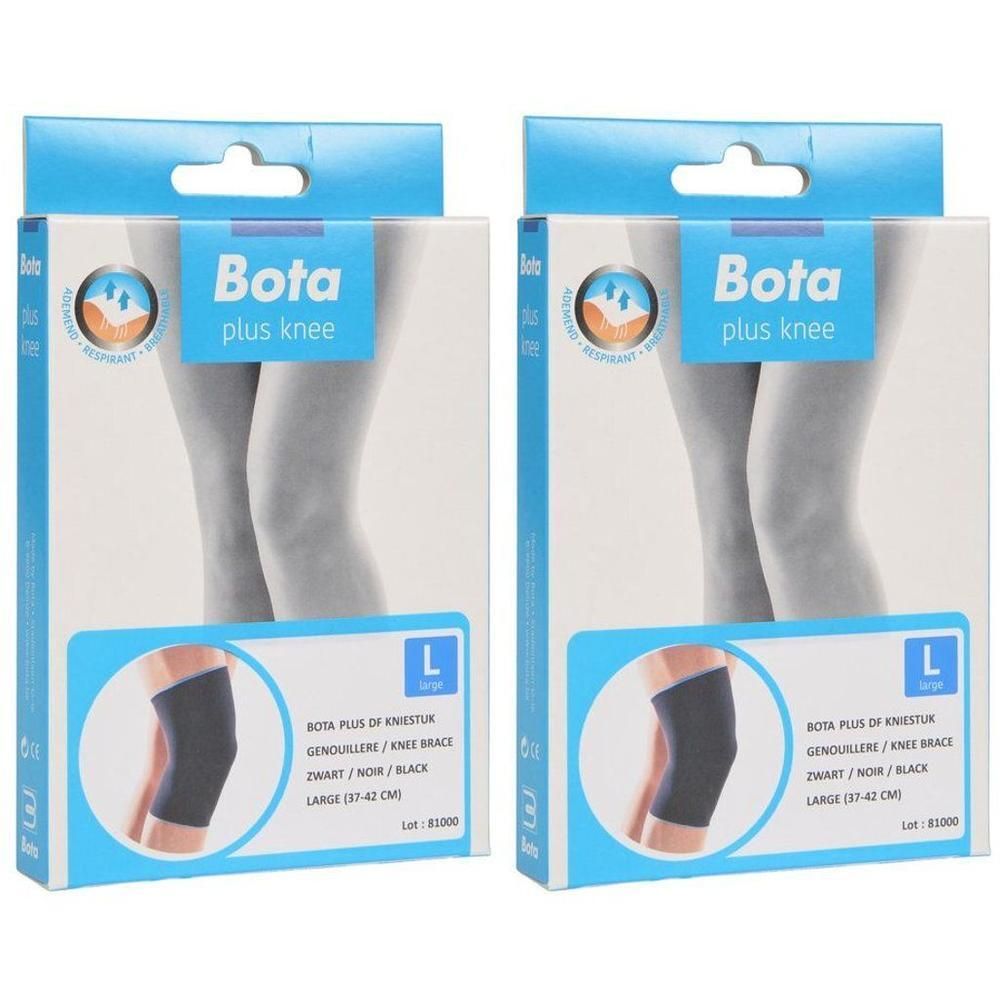 Twee verpakkingen Bota Plus kniebrace, maat L, zwart.