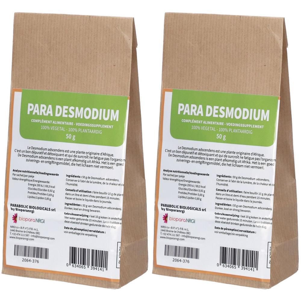Twee zakjes Para Desmodium Ascendens thee, elk 50g. Bruine papieren zakken met groen etiket.