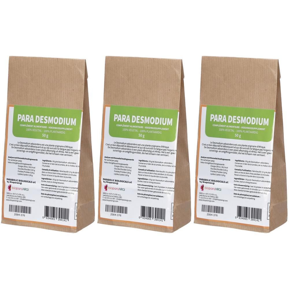 Drie pakken Para Desmodium Ascendens thee, elk 50g. Bruine papieren zakjes met groen etiket.
