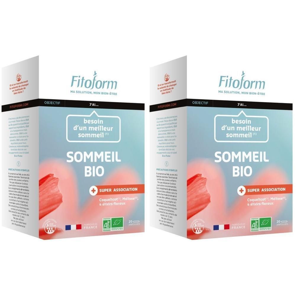 Deux boîtes de Fitoform Sommeil Bio avec symboles d'aide au sommeil et labels bio.