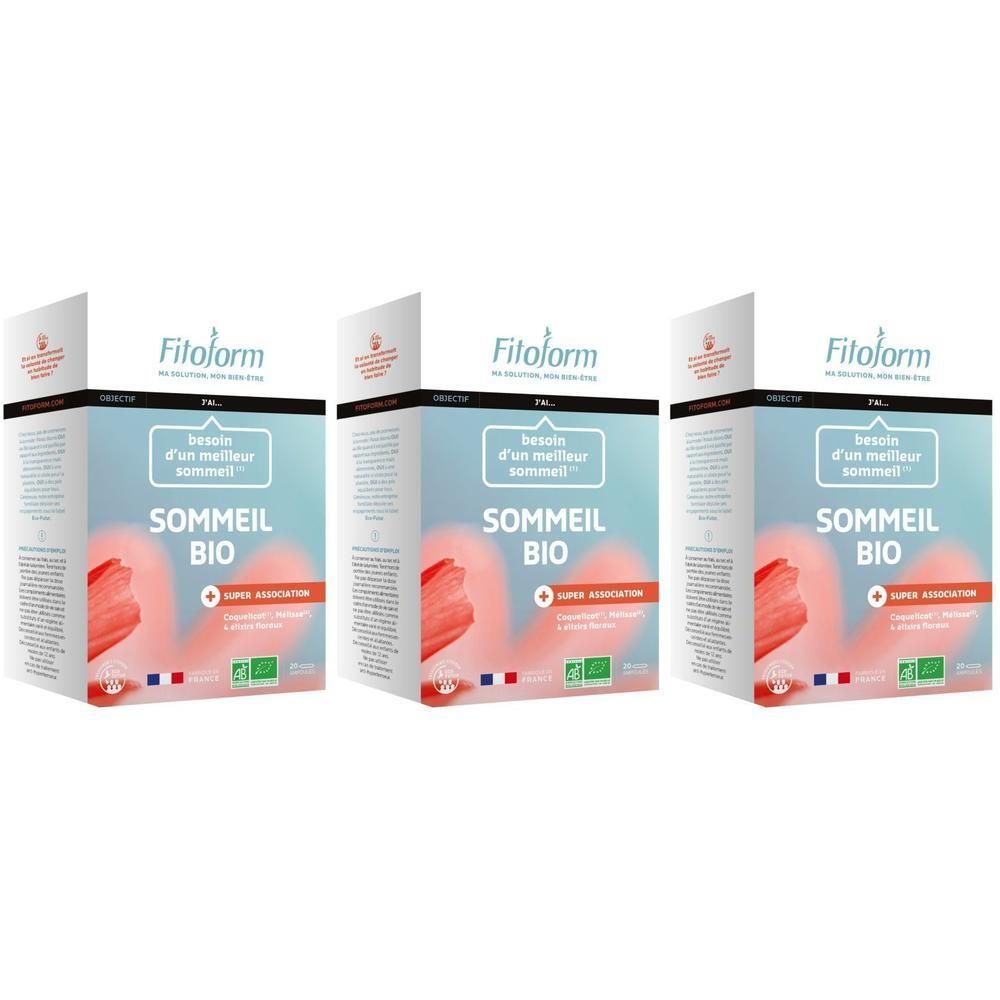 Drie pakken Fitoform Sommeil BIO, een voedingssupplement voor betere slaap.