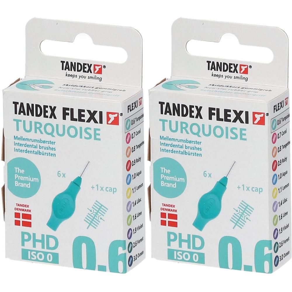 Deux paquets de brossettes interdentaires Tandex Flexi Turquoise, taille 0.6mm.