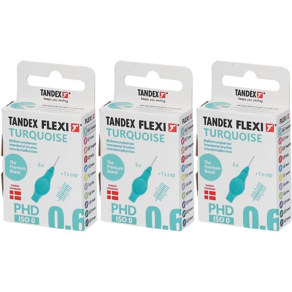 Drie pakken Tandex Flexi Turquoise interdentale borstels, ISO 0, 0.6mm. Elk pak bevat 6 borstels en 1 dop.