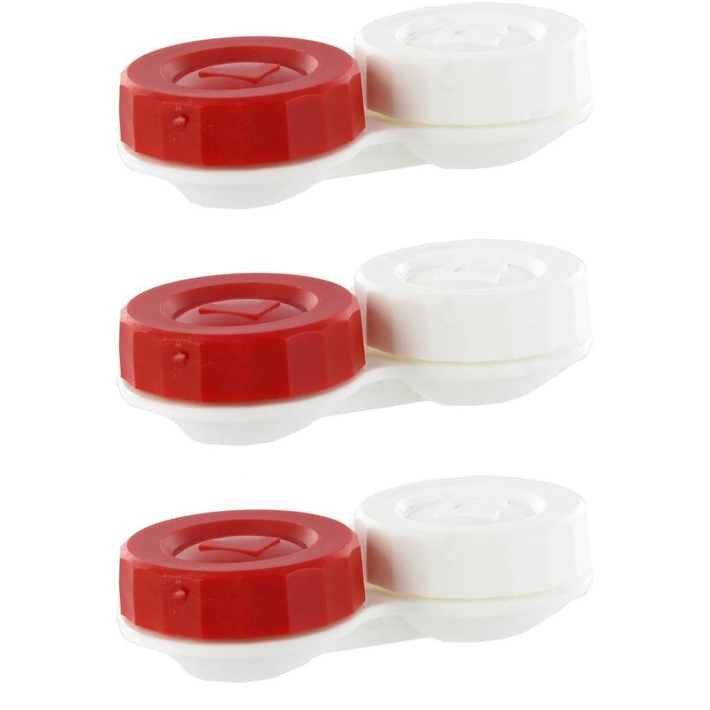 Drie contactlenshouders met rode en witte dopjes.