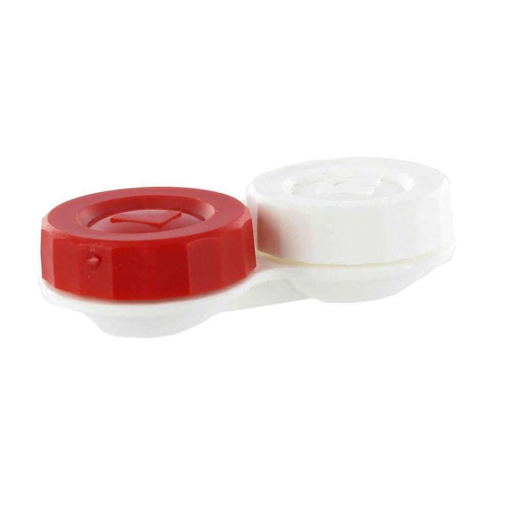 Un étui à lentilles de contact, un compartiment rouge et un blanc, sur une base blanche.