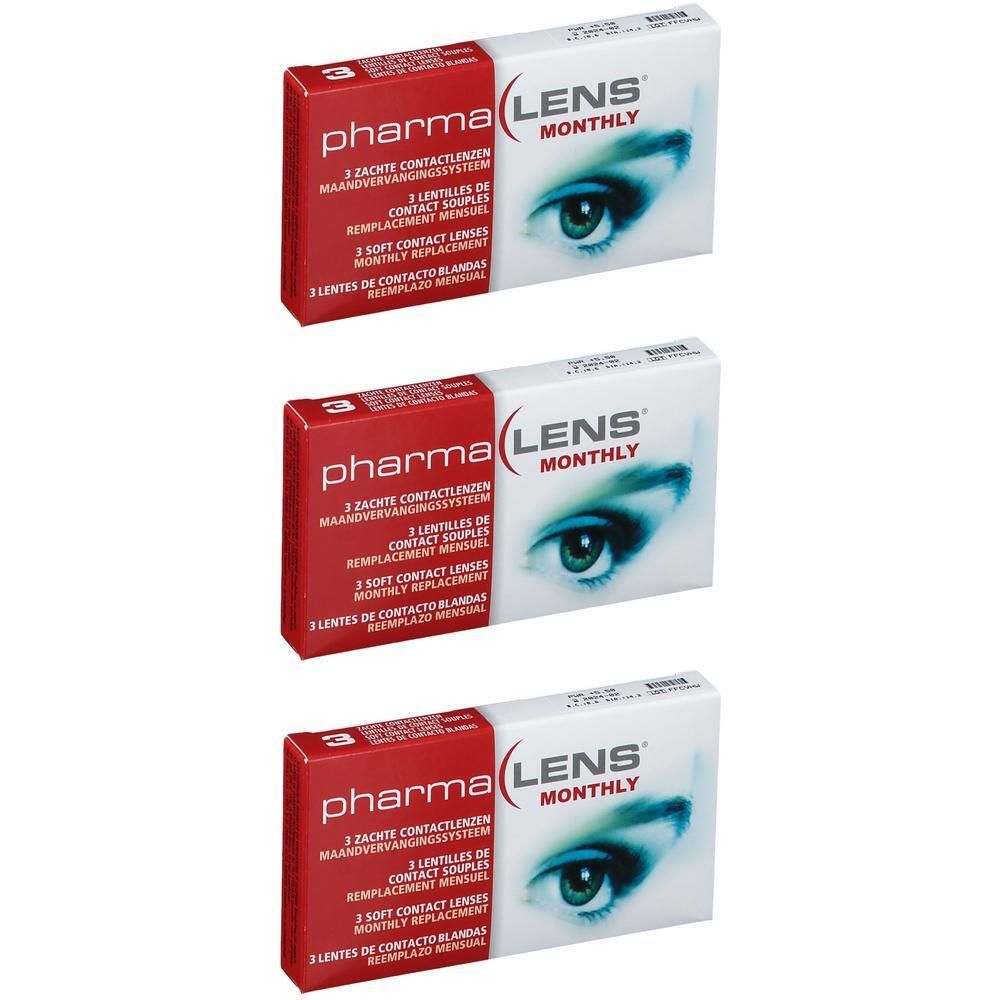 Trois boîtes de lentilles de contact PharmaLens (mensuelles). Emballage rouge et blanc avec un œil.