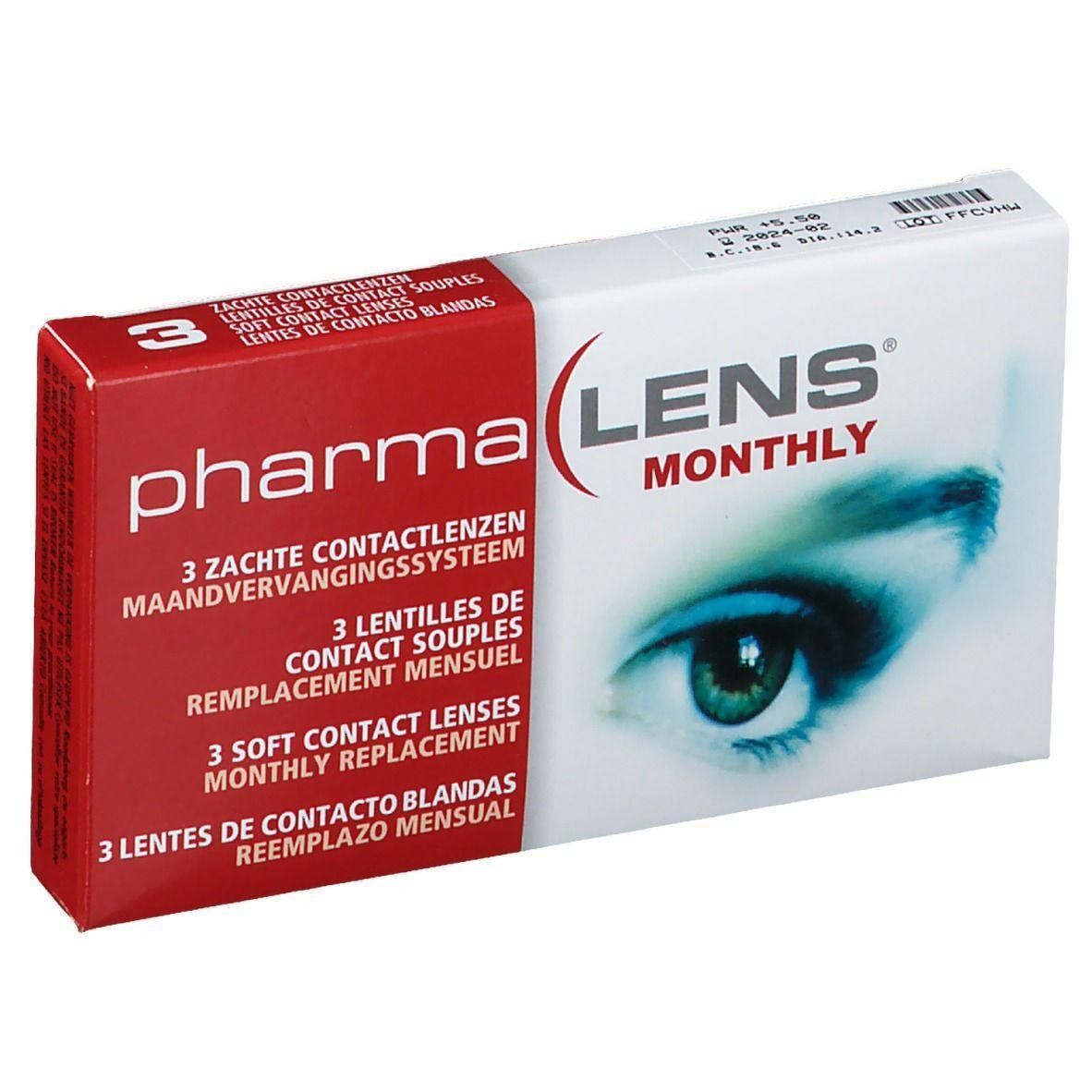 Boîte de 3 lentilles mensuelles PharmaLens. Comprend une image d'un œil.