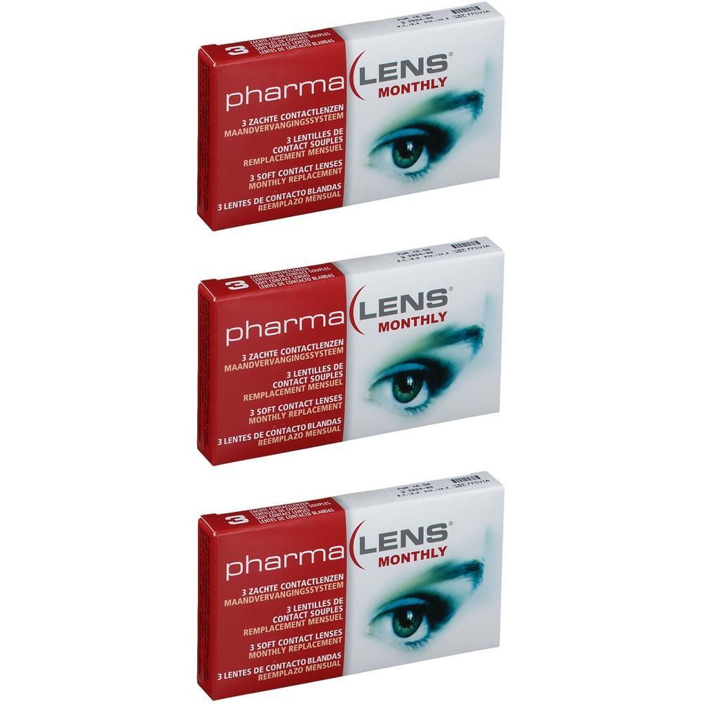 Trois boîtes de lentilles mensuelles PharmaLens avec image d'œil.