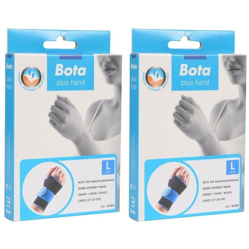 Deux paquets de Bota Plus Hand Attelle de poignet, taille L, noir/bleu.