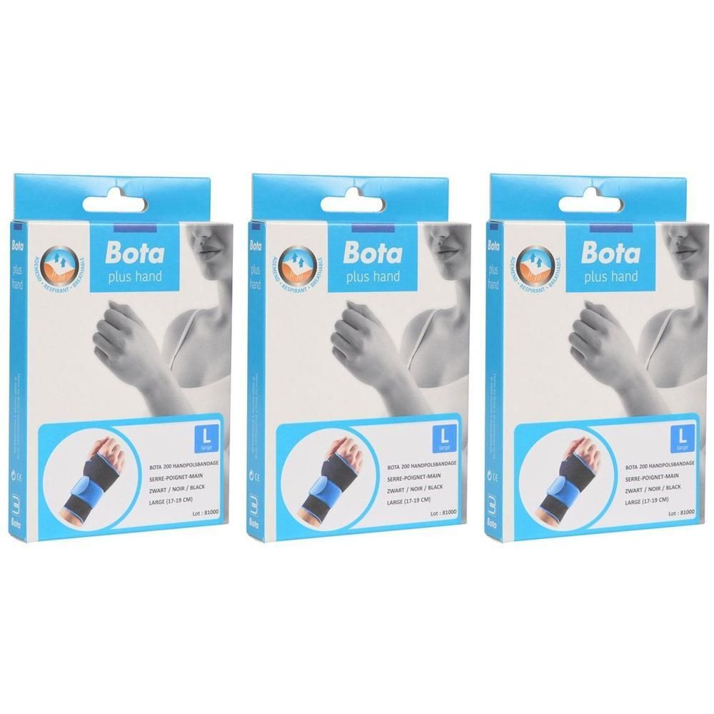 Drie verpakkingen Bota polsondersteuningen, zwart en blauw, maat L.
