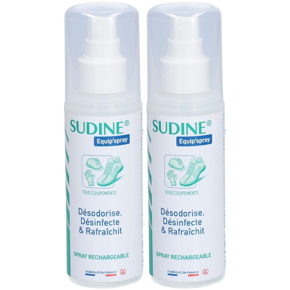 Twee SUDINE Equip'spray spuitbussen. Voor schoenen, handschoenen en helmen.
