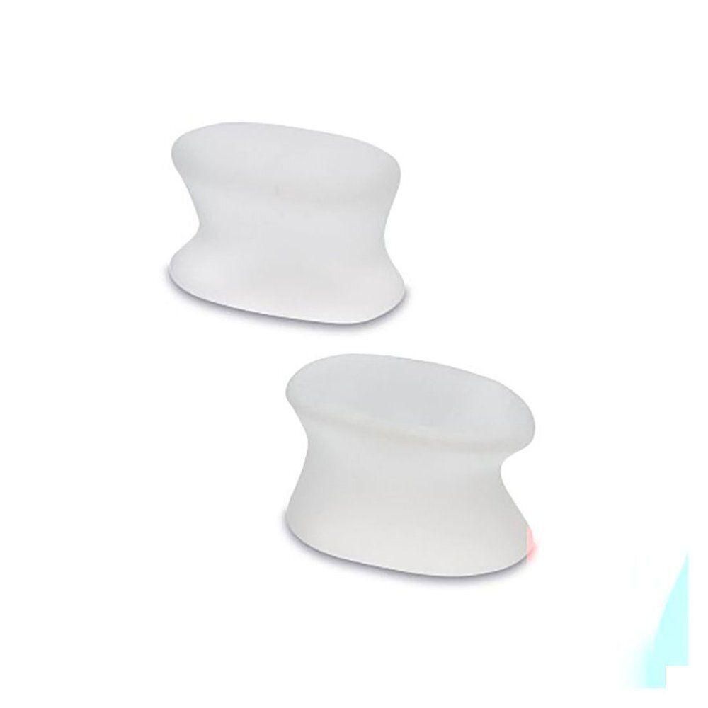 Deux écarteurs d'orteils blancs en silicone, conçus pour séparer les doigts de pied.