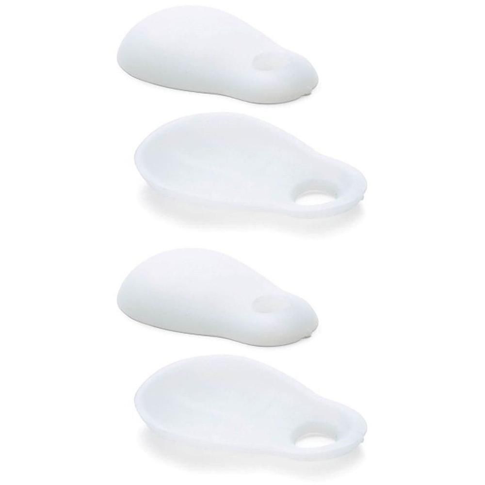 Vier witte siliconen teenverdelers voor hallux valgus correctie.