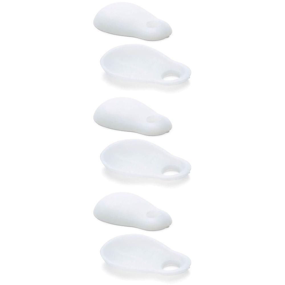 Six séparateurs d'orteils blancs en silicone, emballés individuellement.