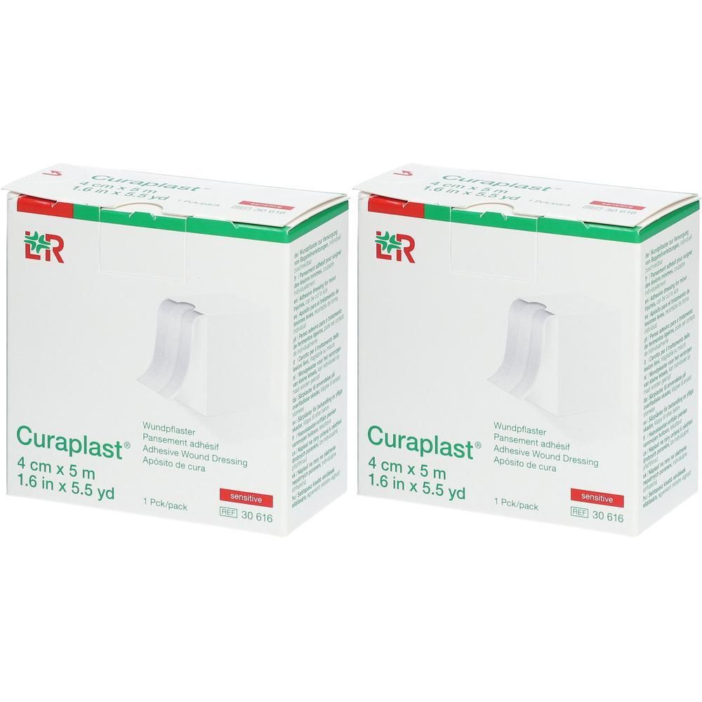 Deux boîtes de pansements adhésifs Curaplast Sensitive, 4 cm x 5 m.