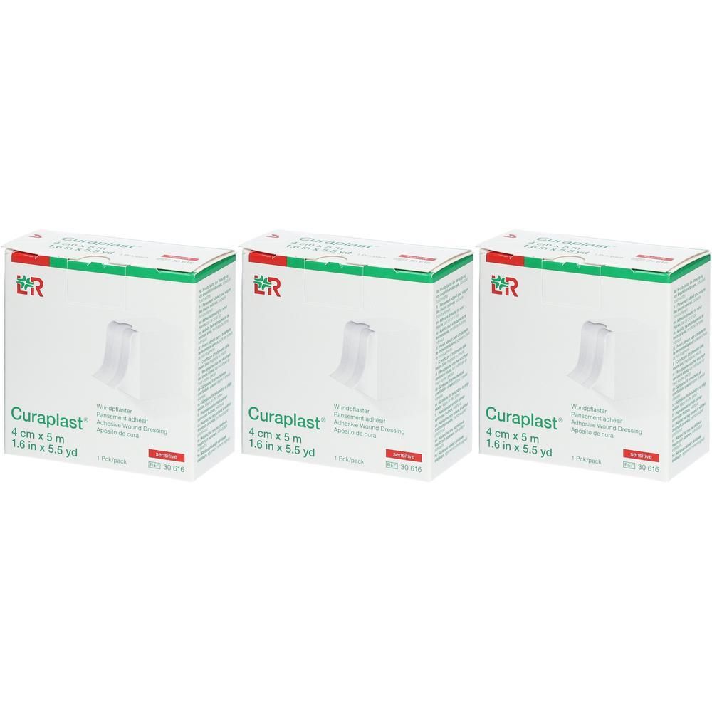 Trois paquets de Curaplast Sensitive, pansement adhésif, 4 cm x 5 m.