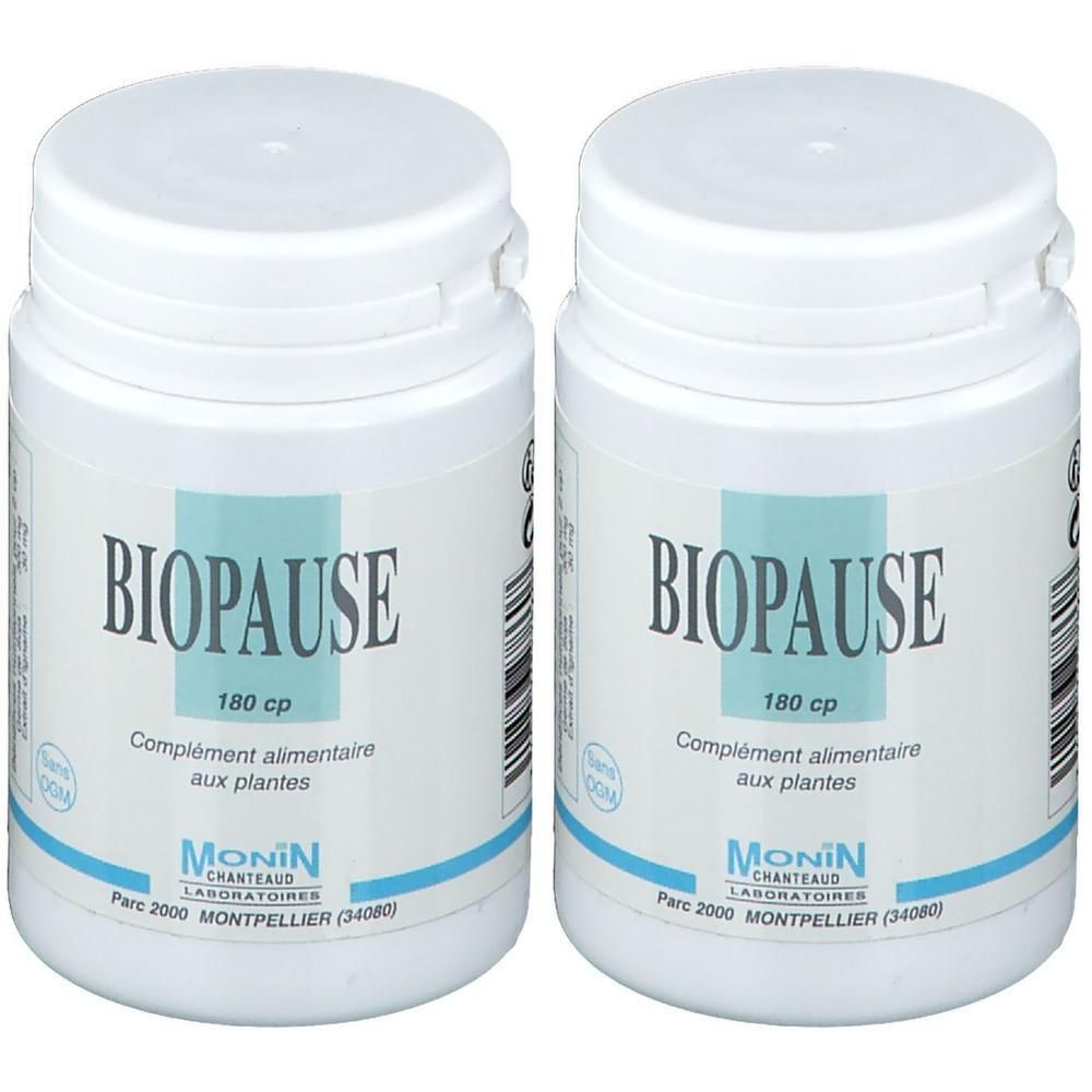 Deux pots blancs Biopause, 180 gélules, complément alimentaire aux plantes.