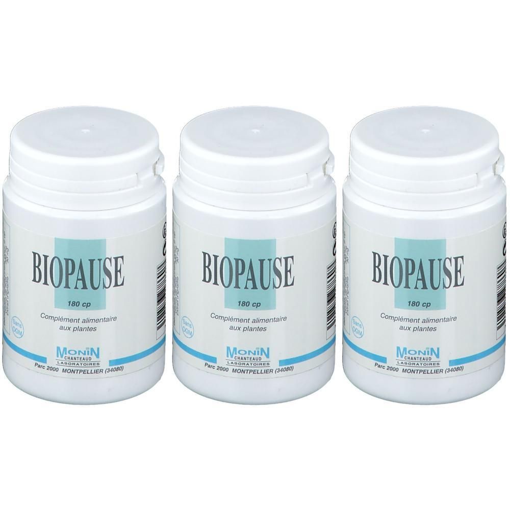 Drie potjes Biopause, voedingssupplement op basis van planten, 180 capsules per potje.