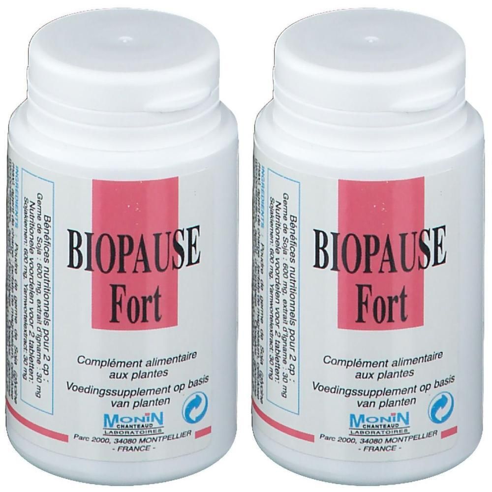 Twee potjes Biopause Fort voedingssupplement op basis van planten.