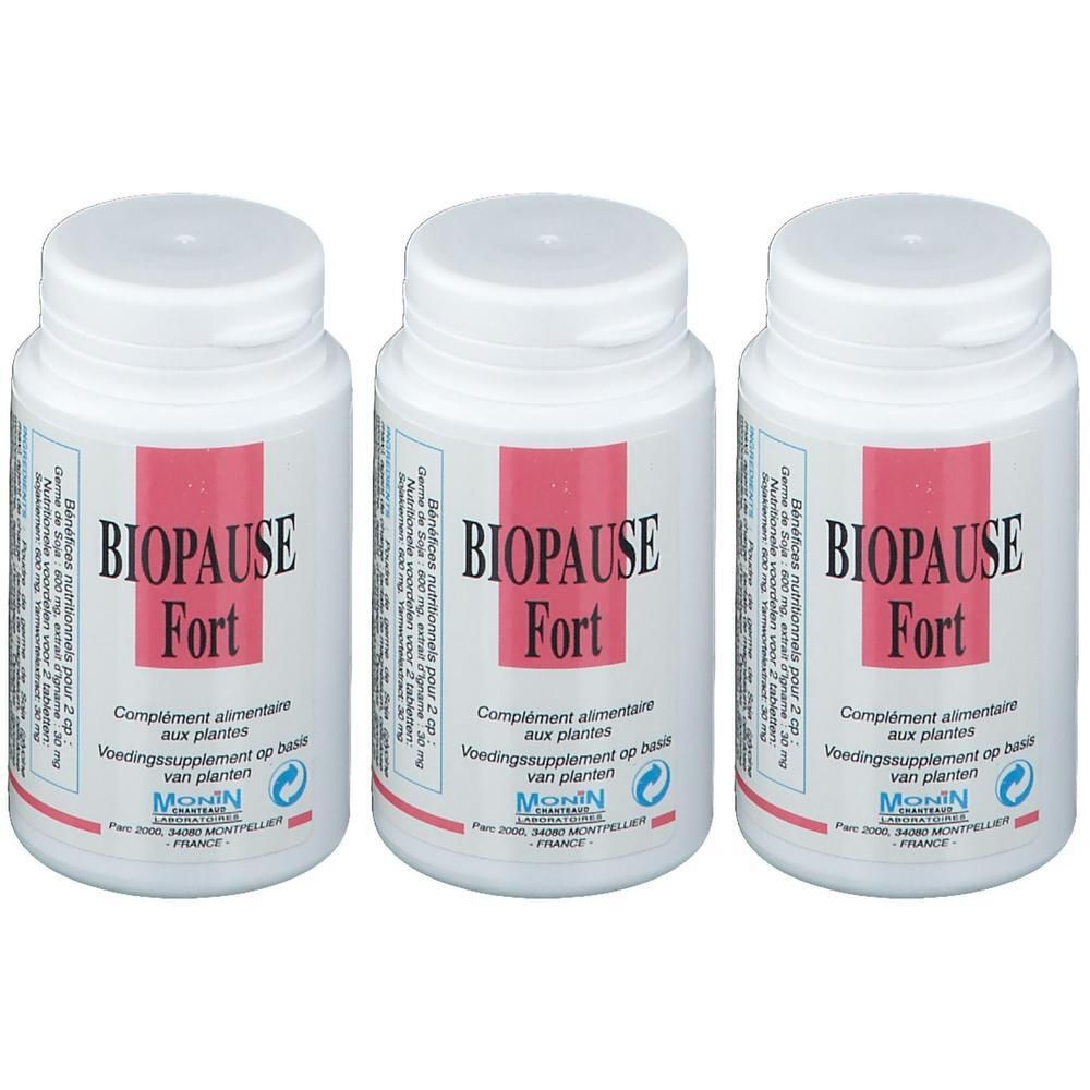Trois flacons de Biopause Fort, complément alimentaire à base de plantes.