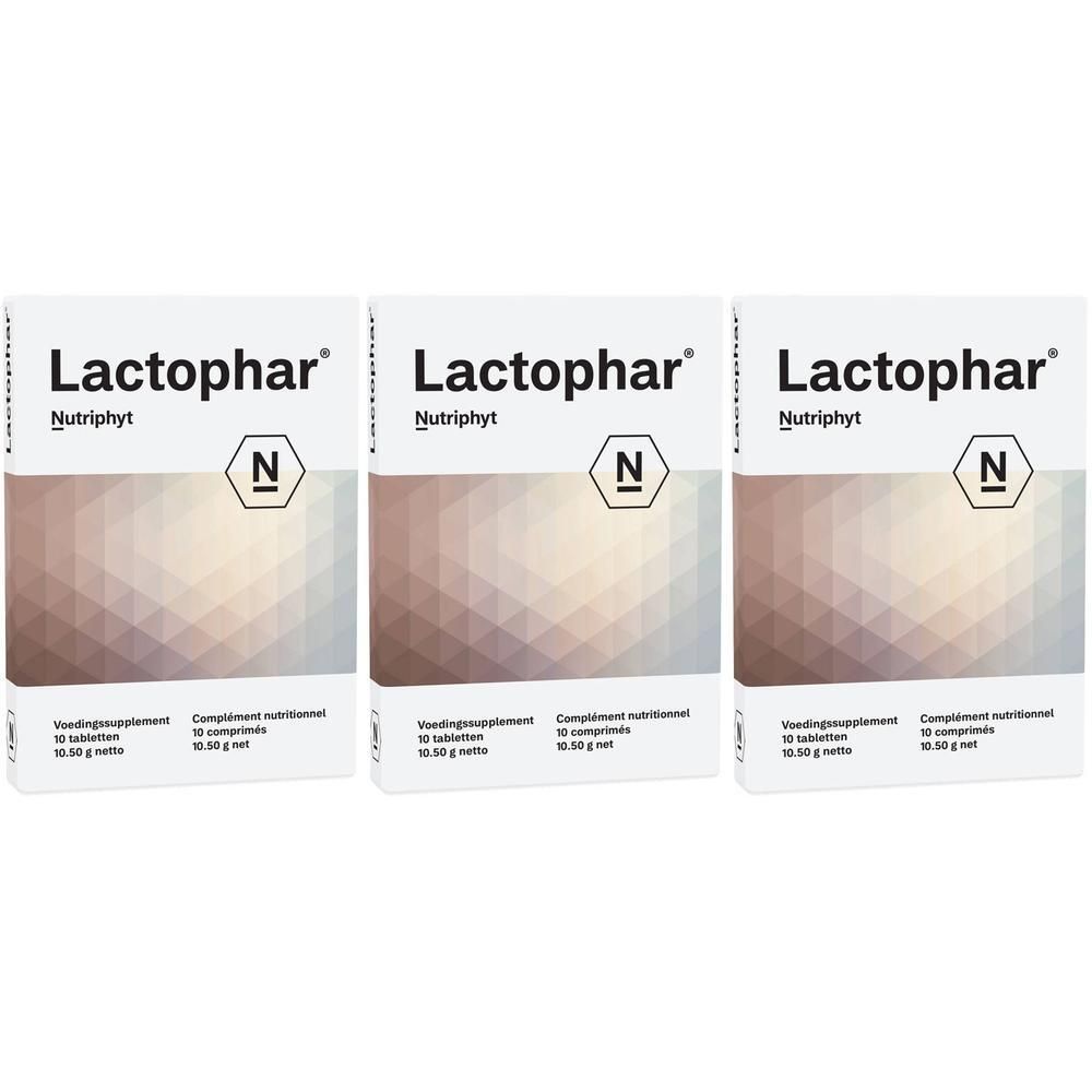 Drie verpakkingen Lactophar Nutriphyt voedingssupplement met 10 tabletten per stuk.