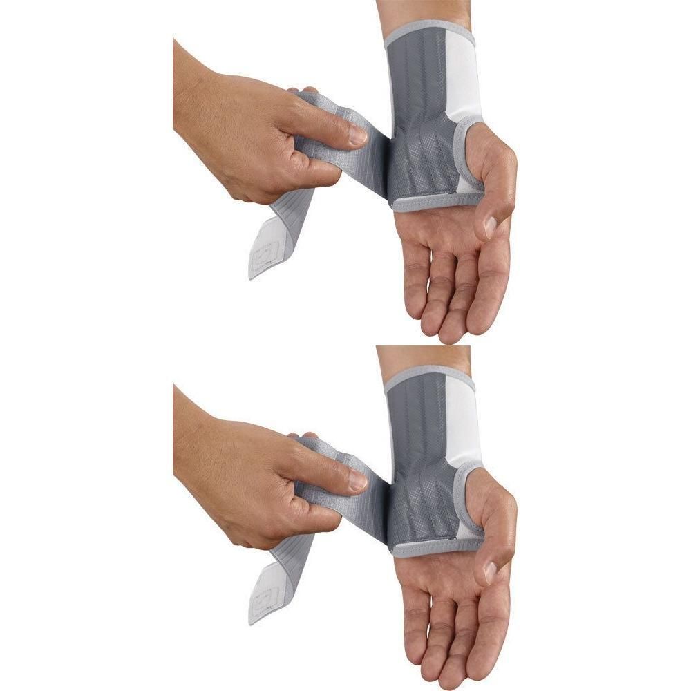 Grijze polsbandage met wit verstevigd gedeelte, om een pols gewikkeld.