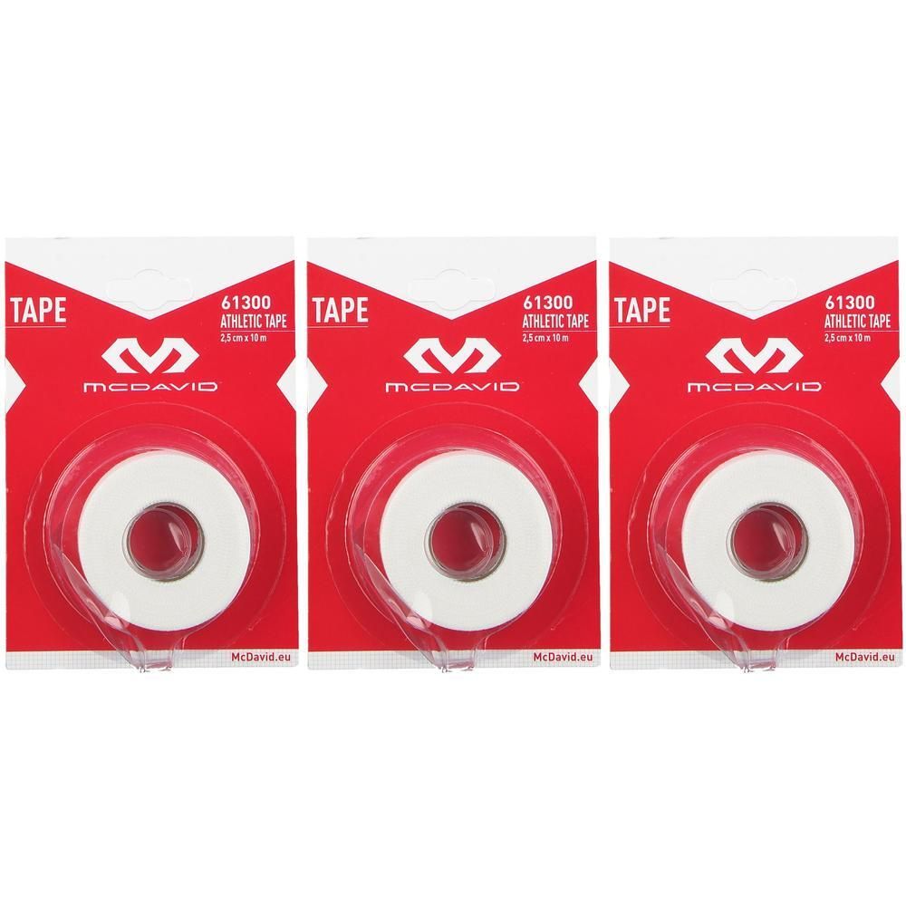 Trois rouleaux de McDavid Eurotape Cloque 2,5 Cm dans un emballage rouge. Chaque rouleau est blanc avec un noyau rouge.
