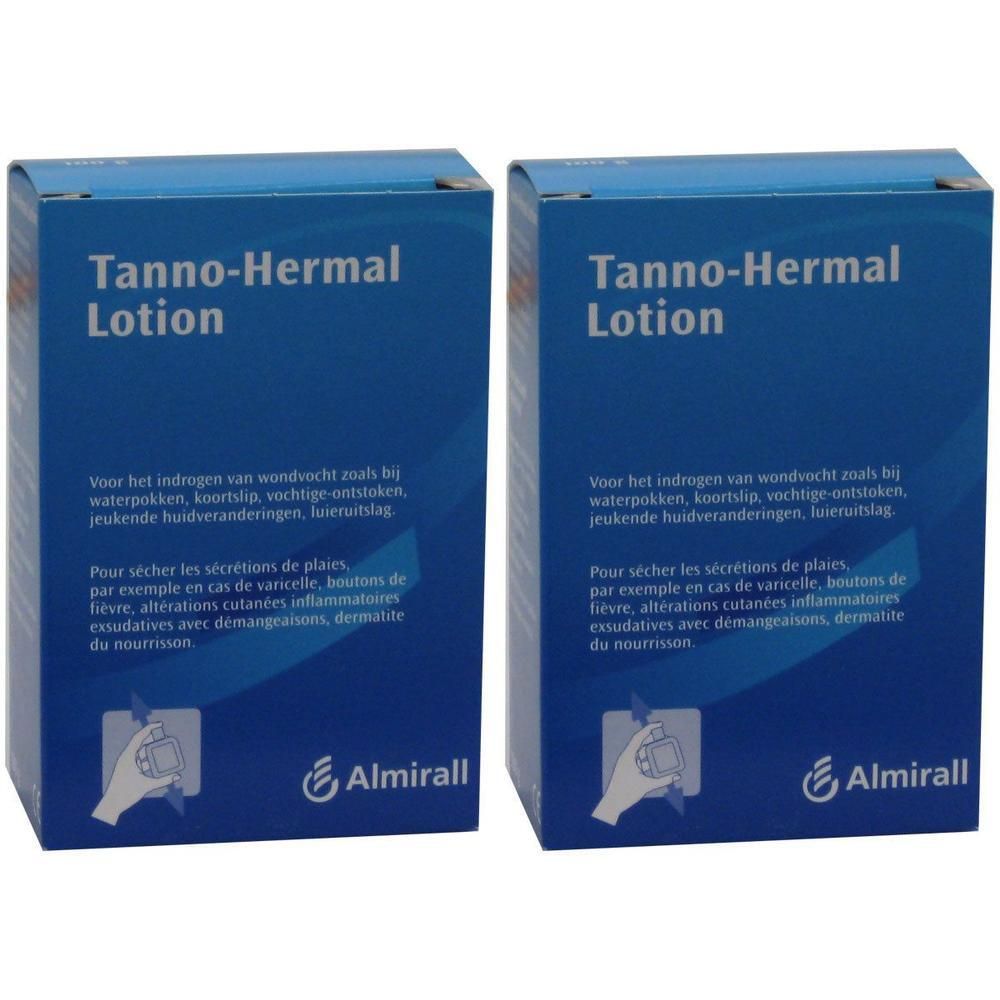 Twee pakken Almirall Tanno-Hermal Lotion. Blauwe dozen met witte tekst.