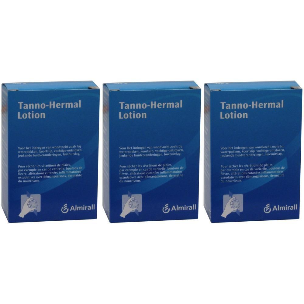 Drie pakken Almirall Tanno-Hermal Lotion in blauwe verpakking met productinformatie.