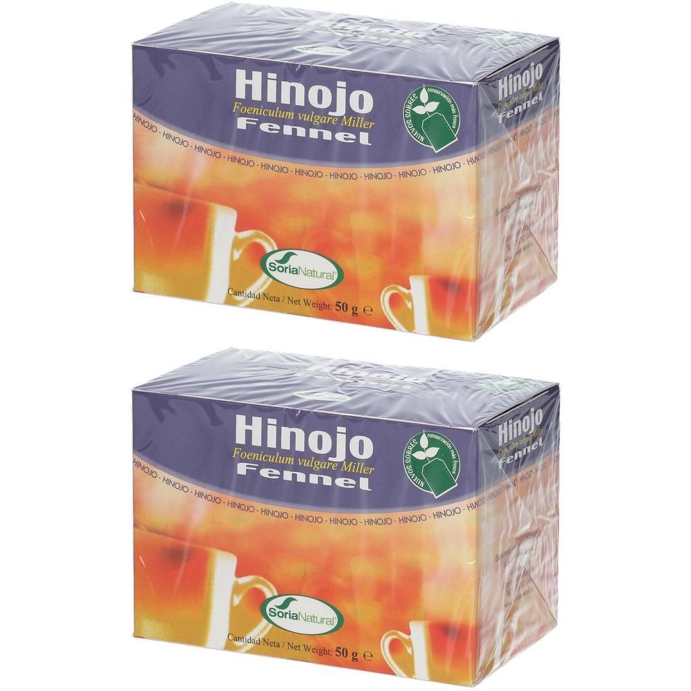 Deux paquets de thé au fenouil Soria Natural. Chaque paquet pèse 50g.