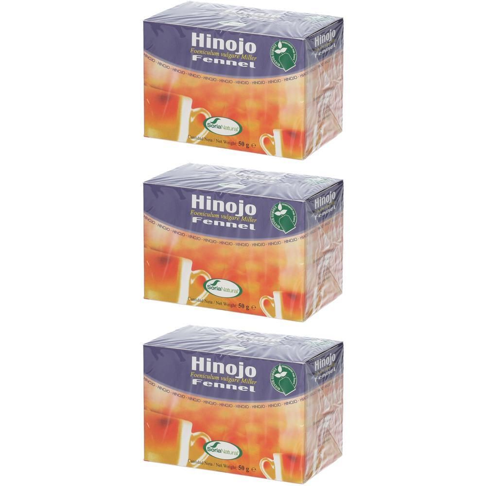 Drie pakken Soria Natural venkelthee. Elke verpakking toont een kop thee en de merknaam.