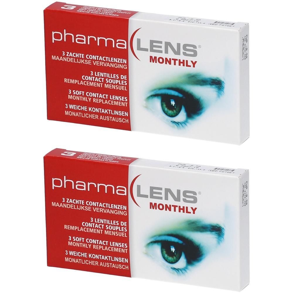 Twee pakken PharmaLens contactlenzen (maandlenzen). Elk pak bevat 3 lenzen.