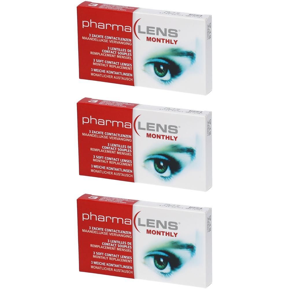 Drie pakken PharmaLens maandlenzen met oogafbeelding.