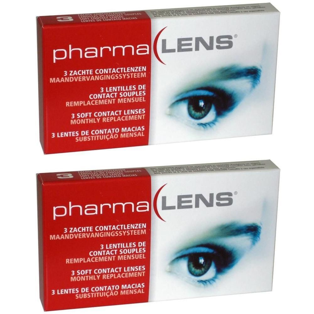 Twee pakken PharmaLens maandlenzen, elk met 3 zachte contactlenzen.