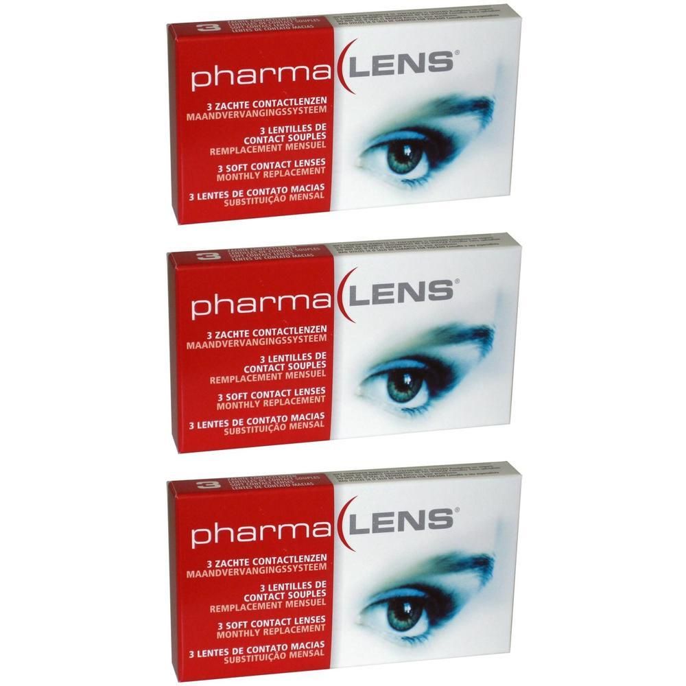 Drie pakken PharmaLens maandlenzen. Elke verpakking bevat 3 zachte contactlenzen.