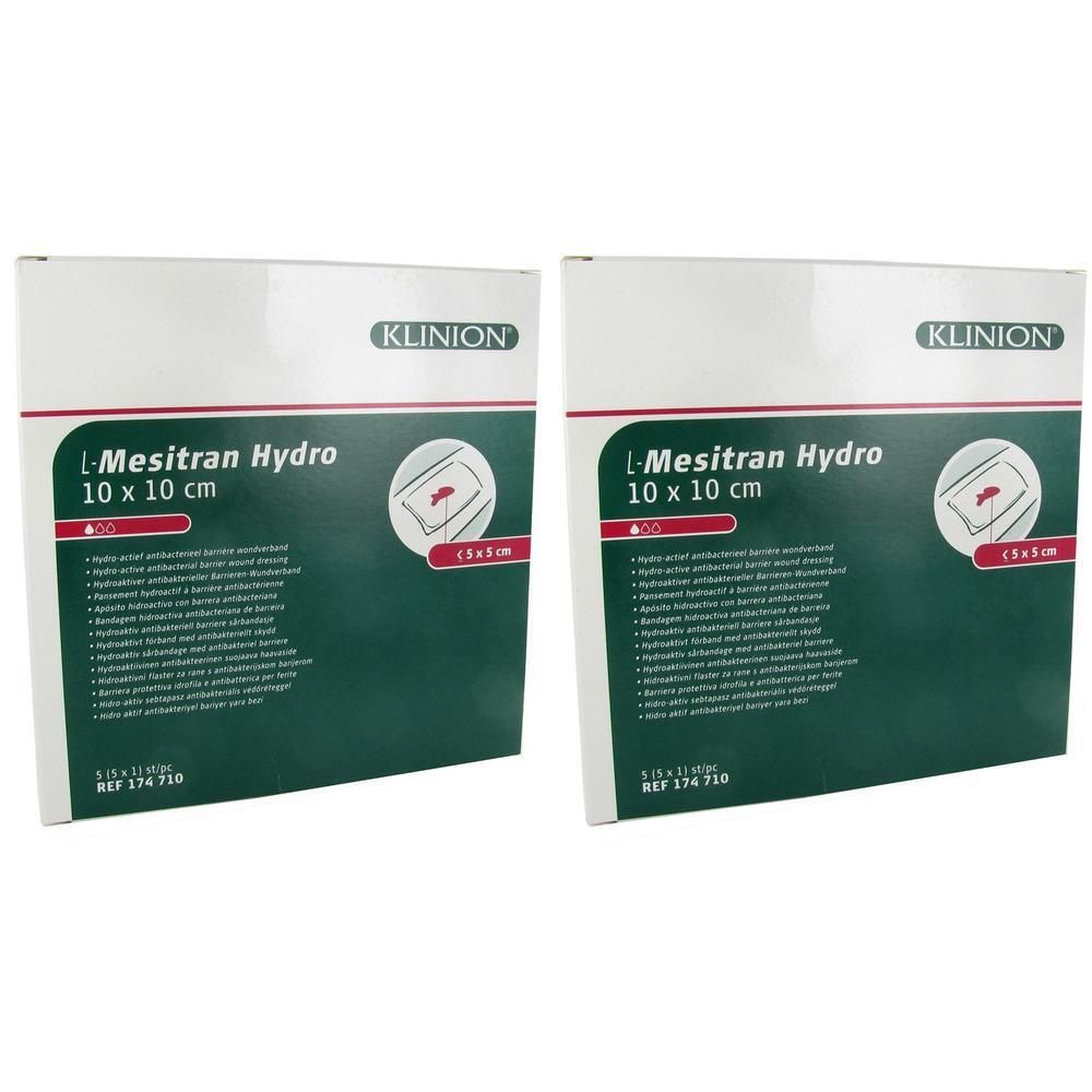 Deux paquets de pansements L-Mesitran Hydro, 10 x 10 cm. Marque Klinion.