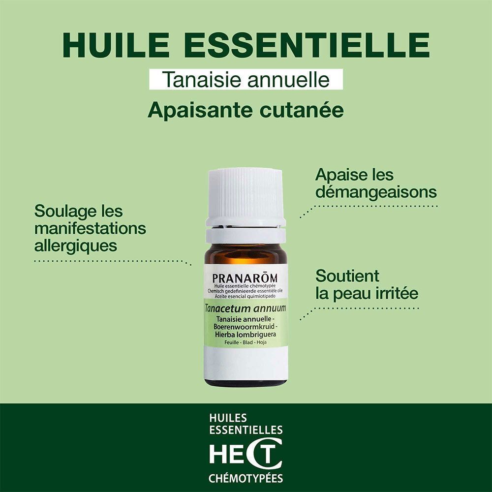 Flacon d'Huile Essentielle Pranarôm Tanaisie Annuelle avec texte sur apaisement cutané.