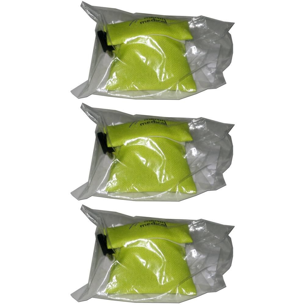 Drie gele reanimatieballonnen, individueel verpakt met zwarte connector.