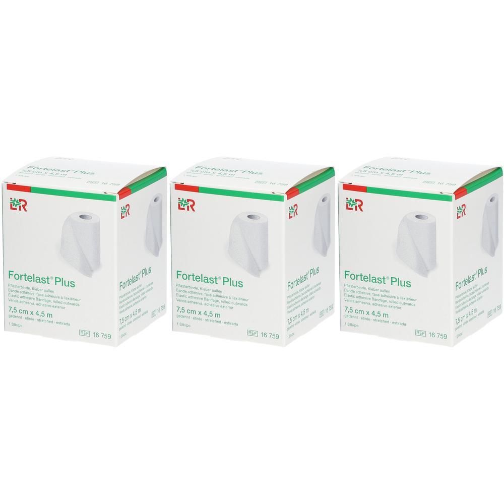 Drie verpakkingen Fortelast Plus verbandrol, 7,5 cm x 4,5 m.