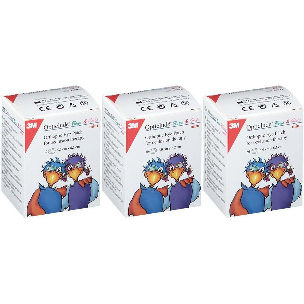 Drie pakken 3M Opticlude oogpleisters voor occlusietherapie, mini, met vogelafbeelding.