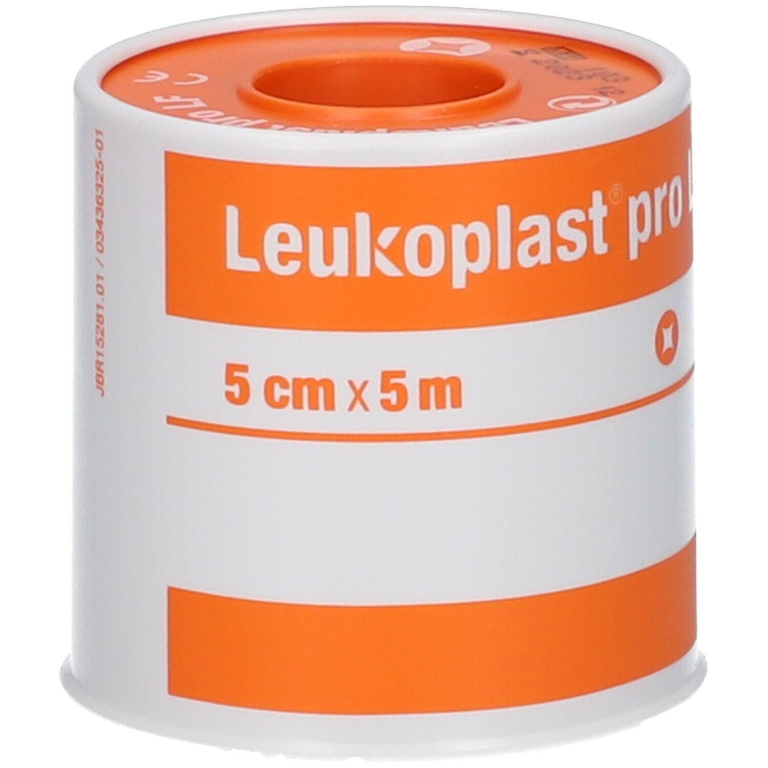 Rouleau Leukoplast pro, 5 cm x 5 m. Blanc avec accents orange.