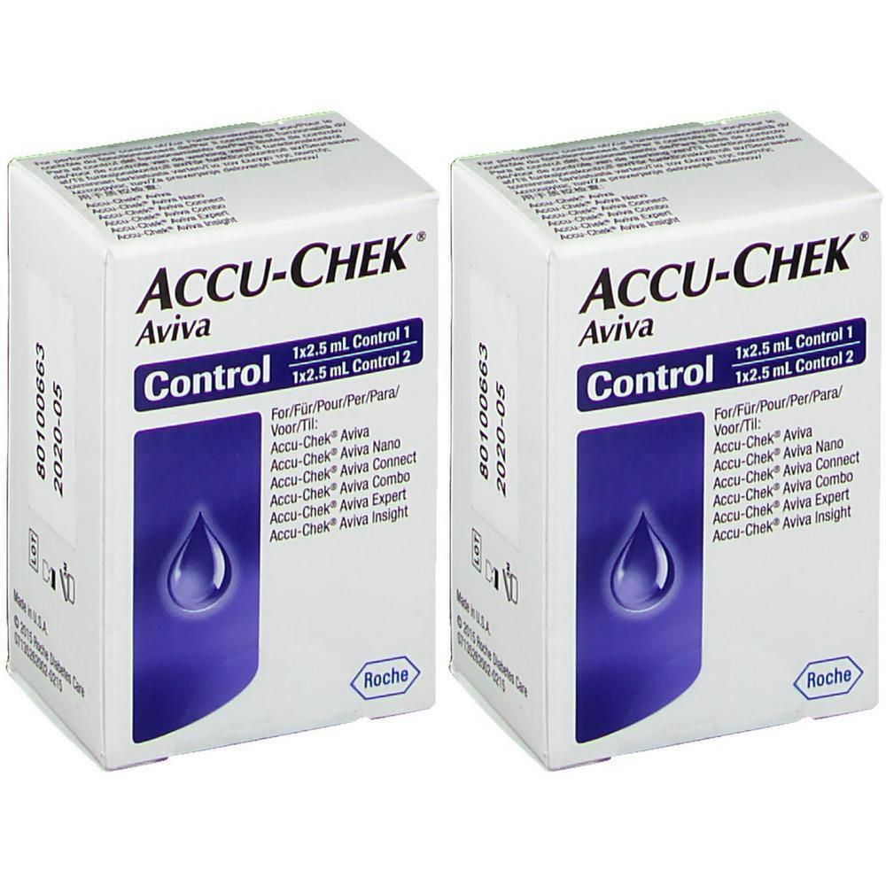 Deux boîtes de solutions de contrôle ACCU-CHEK Aviva. Chaque boîte contient 1x2,5 ml Control 1 et 1x2,5 ml Control 2.