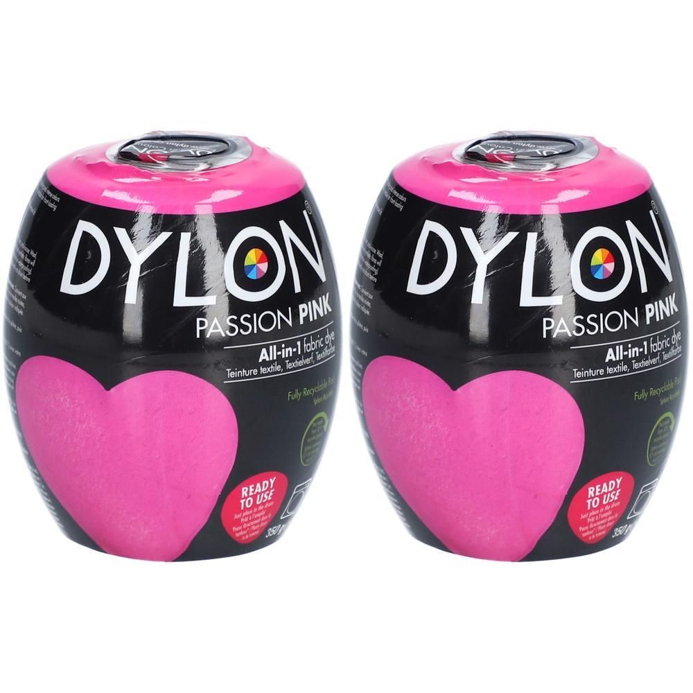 Twee bussen Dylon Passion Pink All-in-1 textielverf met hartsymbool.