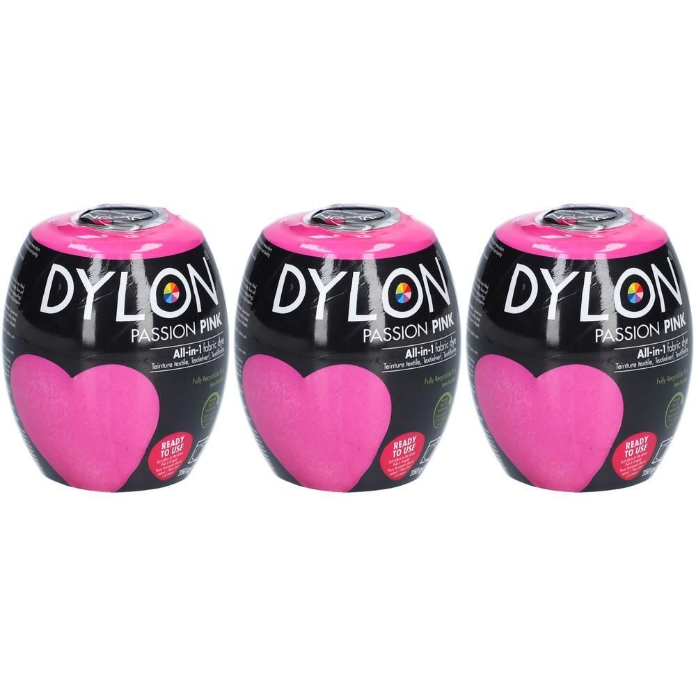 Drie Dylon Passion Pink textielverf met hartsymbool. Ronde containers met zwart label.
