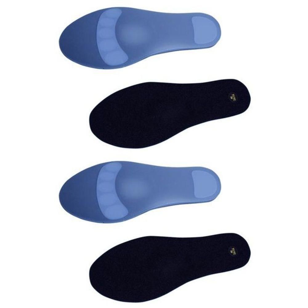 Deux paires de semelles intérieures bleues et noires, une face bleue avec soutien de la voûte plantaire, l'autre face noire.