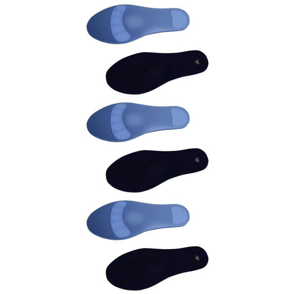 Six semelles intérieures, bleues et noires, de forme anatomique.
