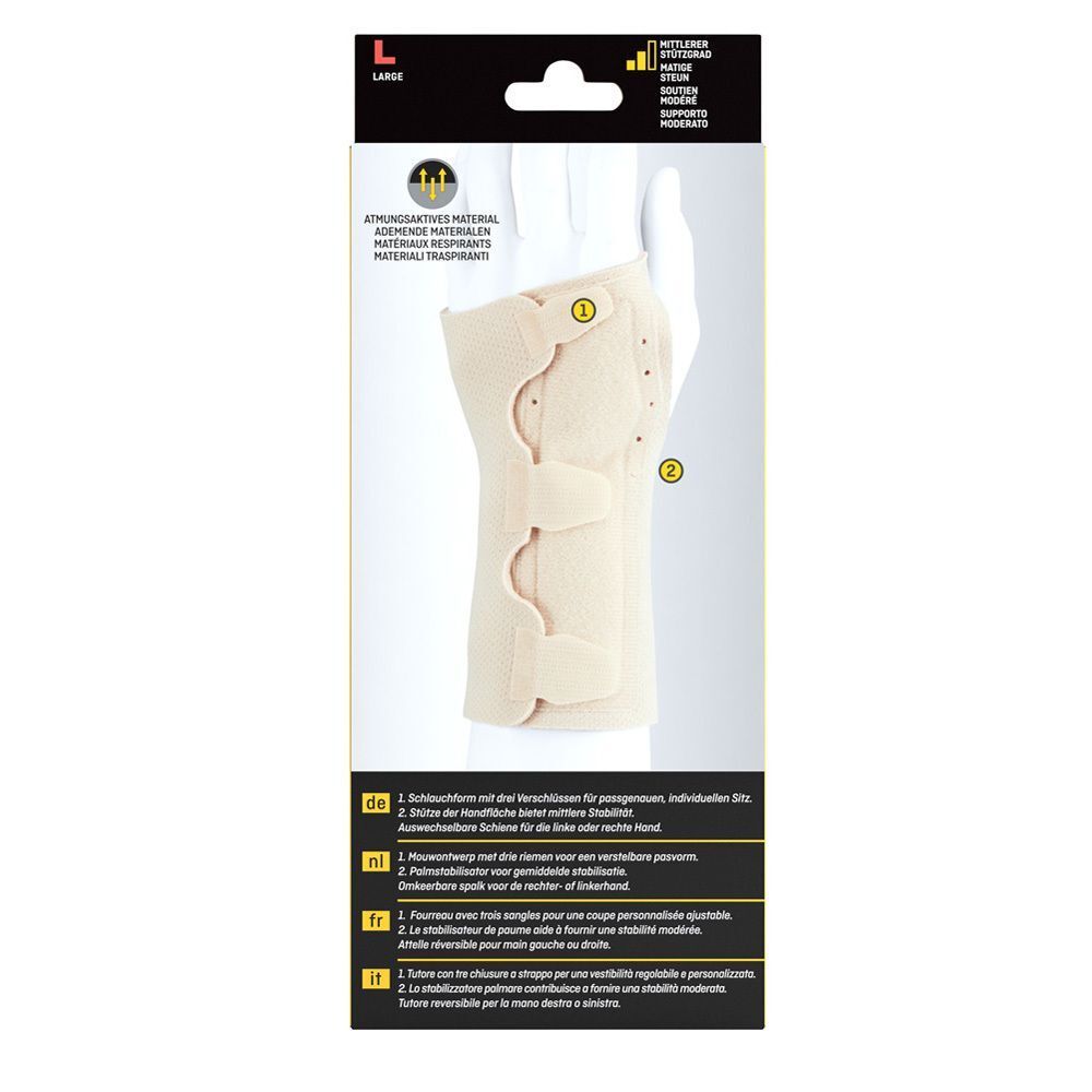 Achterkant van de FUTURO polsspalk, beige, maat L, ademend materiaal.