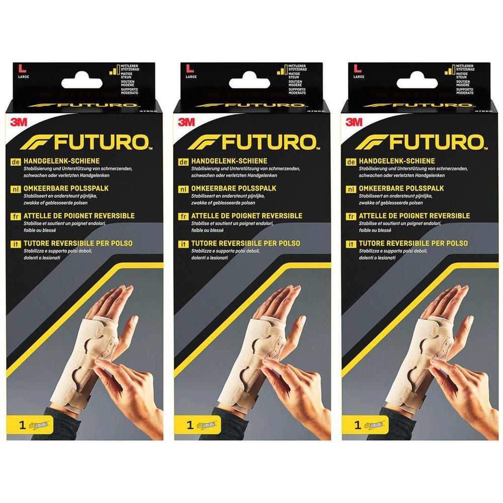 Drie FUTURO polsbraces, beige, met klittenbandsluitingen.