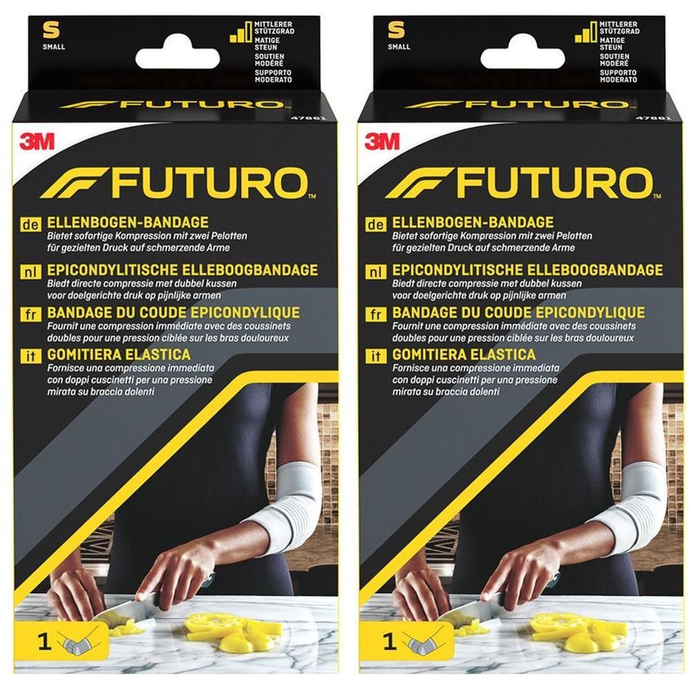 FUTURO Bandage de coude taille Small sur emballage produit.