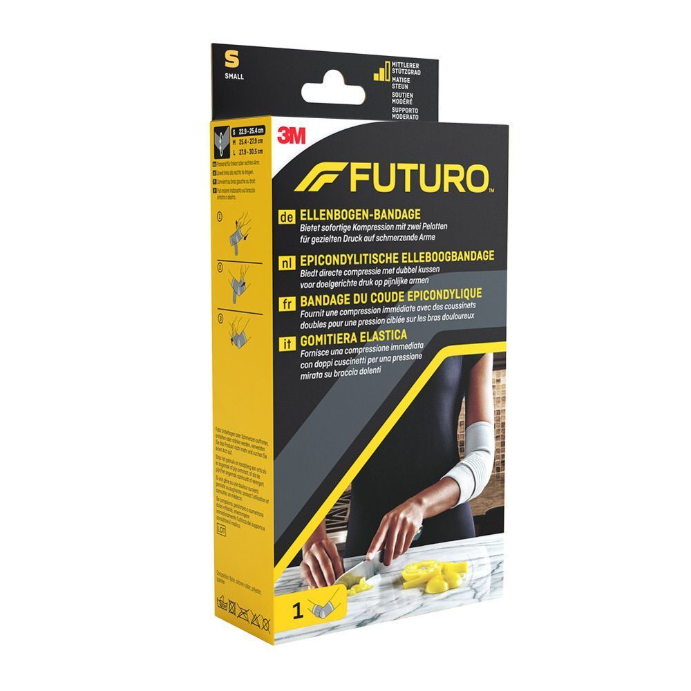 FUTURO Bandage de coude taille Small sur emballage produit, vue latérale.